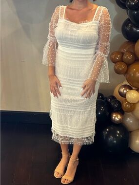 VENUS White Sheer Dot Midi Dress
